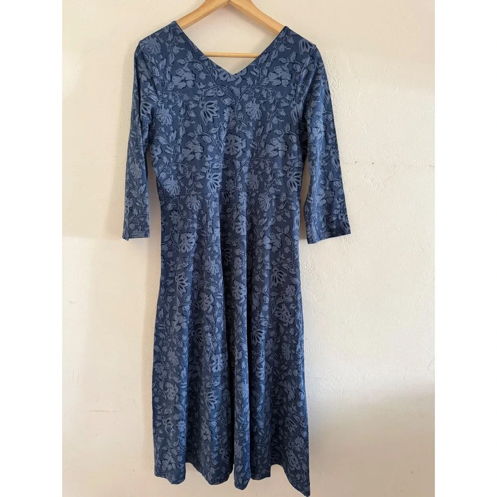 Pact Organic Cotton Blue Floral V-Neck Midi A-Line Dress with Pockets Womens M - Picture 3 of 6